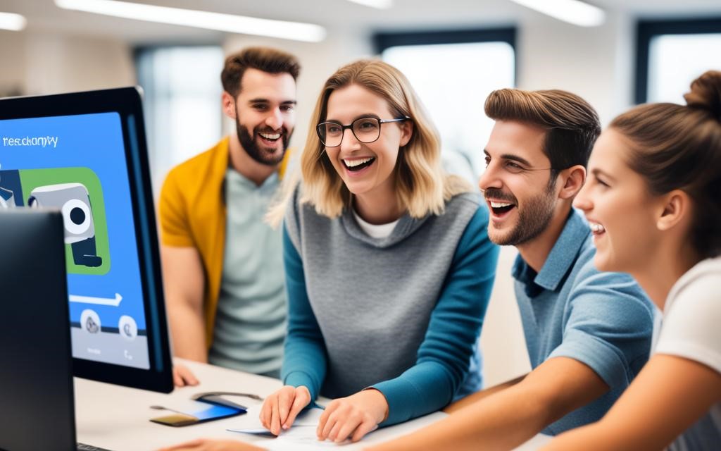 Un grupo de estudiantes interactuando con un asistente virtual que los ayuda con sus estudios de una manera innovadora.