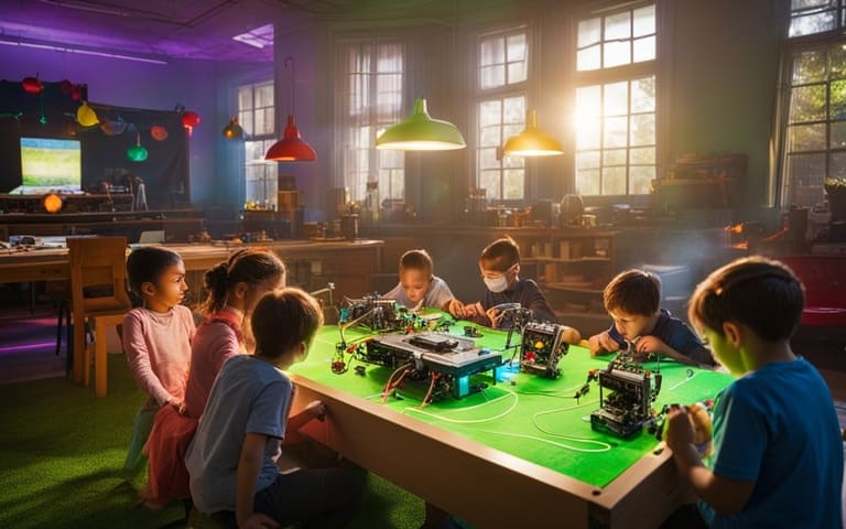 Un grupo de niños se reunió alrededor de una mesa, con robots y aparatos electrónicos desplegados frente a ellos.